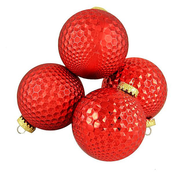 4ct Red Prism Textured Shatterproof Christmas Ball Ornaments 2.75" (70mm)