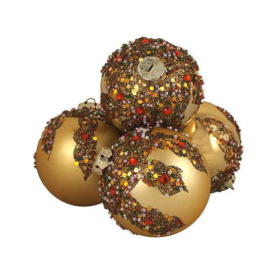 4ct Gold Glitter Sequin Beaded Shatterproof Christmas Ball Ornaments 3.25" 80mm