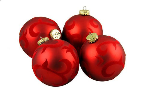 4ct Red Flocked Flourish Shatterproof Christmas Ball Ornaments 2.75" (70mm)