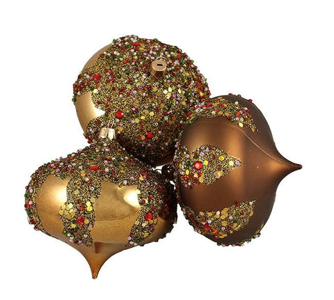 3ct Brown Glitter Sequin Beaded Shatterproof Christmas Onion Ornaments 4" 100mm