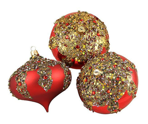 3ct Red Glitter Sequin Beaded Shatterproof Christmas Onion Ornaments 4" (100mm)