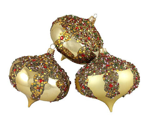 3ct Gold Glitter Sequin Beaded Shatterproof Christmas Onion Ornaments 4" (100mm)