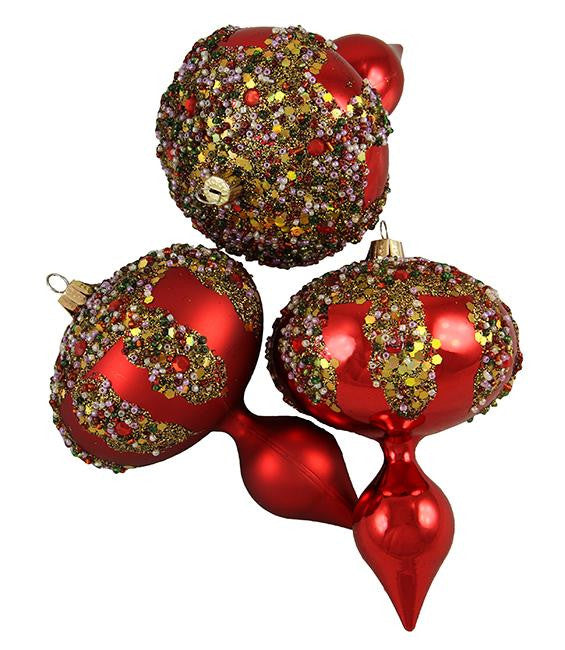 3ct Red Glitter Sequin Beaded Shatterproof Christmas Finial Ornaments 5"