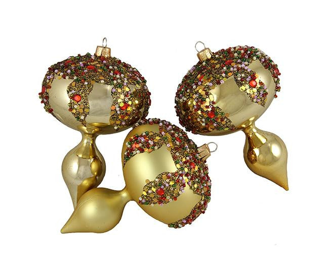 3ct Gold Glitter Sequin Beaded Shatterproof Christmas Finial Ornaments 5"