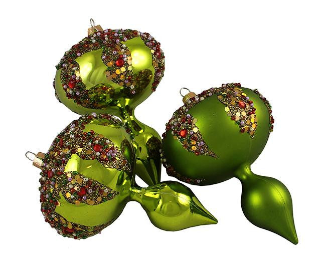 3ct Lime Green Glitter Sequin Beaded Shatterproof Christmas Finial Ornaments 5"