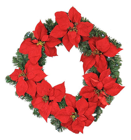 22" Pre-Lit B-O Red Artificial Poinsettia Christmas Wreath - Clear LED Lights