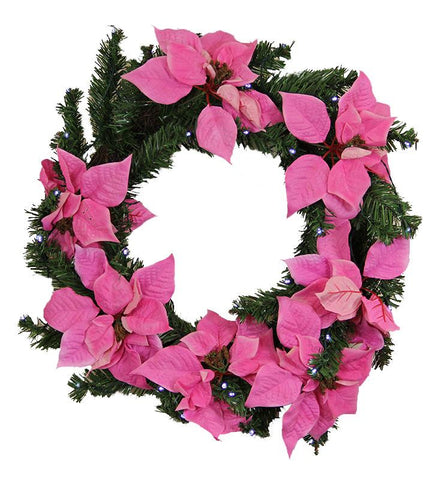 22" Pre-Lit B-O Pink Artificial Poinsettia Christmas Wreath - Clear LED Lights