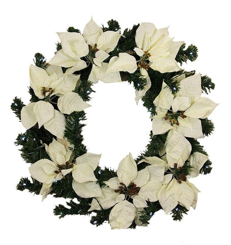 22" Pre-Lit B-O White Artificial Poinsettia Christmas Wreath - Clear LED Lights