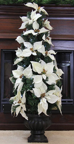 3' Pre-Lit B-O White Artificial Poinsettia Potted Christmas Tree - Clear LED