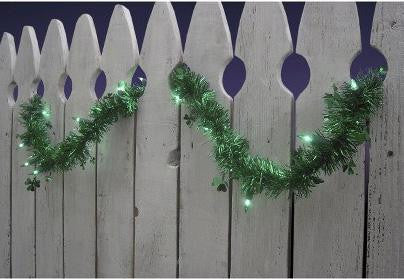 9' Pre-Lit Green Shamrock St. Patrick's Day Tinsel Garland - Green Lights