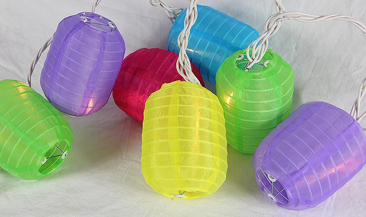 Set of 10 Bright and Colorful Cylinder Chinese Lantern Patio Lights - White Wire