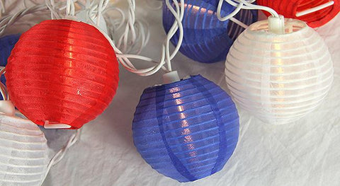 Set of 10 Red, White and Blue Round Chinese Lantern Patio Lights - White Wire