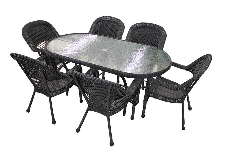 7-Piece Black Resin Wicker Patio Dining Set - 6 Chairs and 1 Dining Table