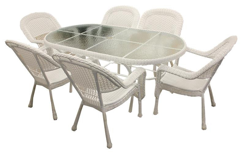 7-Piece White Resin Wicker Patio Dining Set - 6 Chairs and 1 Dining Table