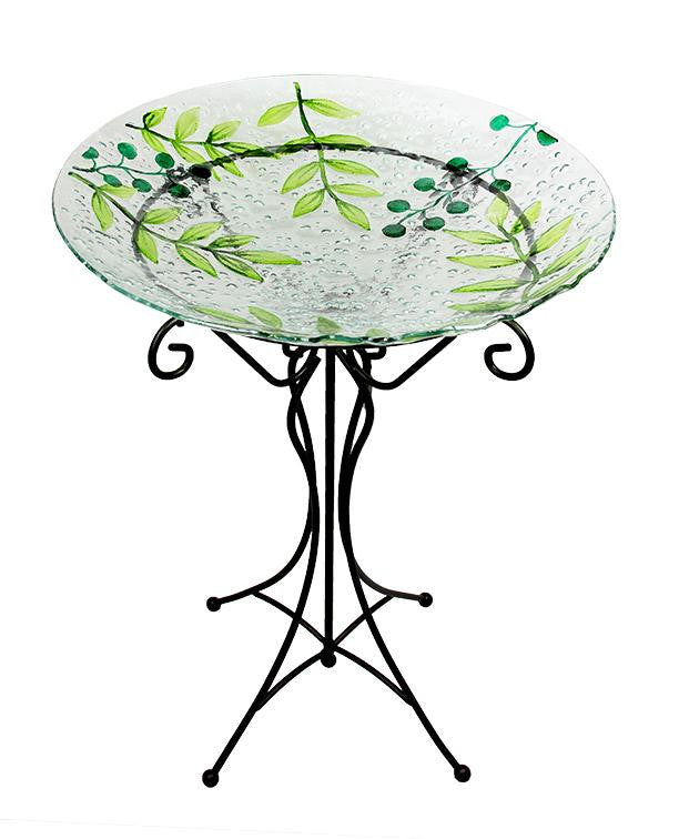 22" Hand Painted Glass Green Leaf and Berry Spring Outdoor Garden Bird Bath