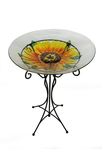 23.5" Hand Painted Glass Yellow Sunflower Spring Outdoor Garden Bird Bath