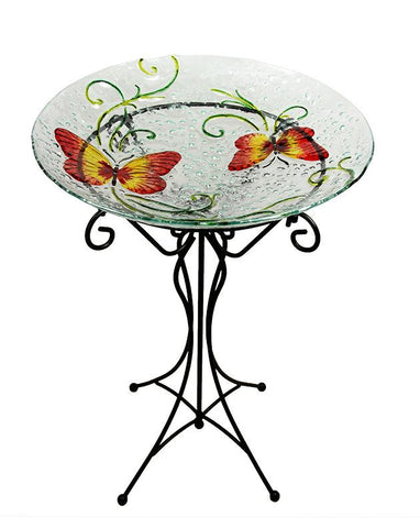 23" Hand Painted Orange & Yellow Butterfly Spring Outdoor Glass Garden Bird Bath