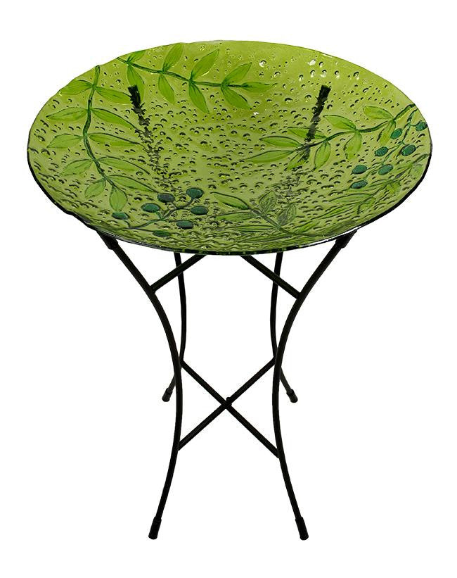 21" Hand Painted Glass Green Leaves and Berries Spring Outdoor Garden Bird Bath