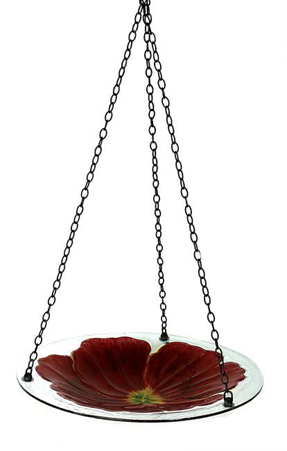 22" Hand Painted Glass Red Flower Hanging Outdoor Garden Bird Bath