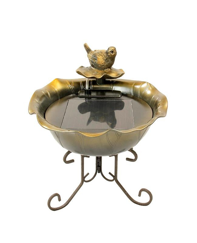 17" Solar Powered Bronze Tone Bird Floral Outdoor Garden Water Fountain