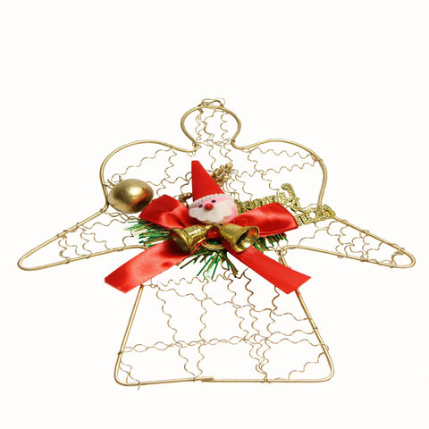 8" Gold Wire Angel with Green Tinsel and Santa Claus Christmas Ornament