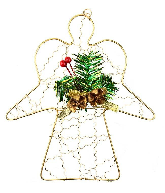 8" Gold Wire Angel with Green Tinsel and Pine Cones Christmas Ornament