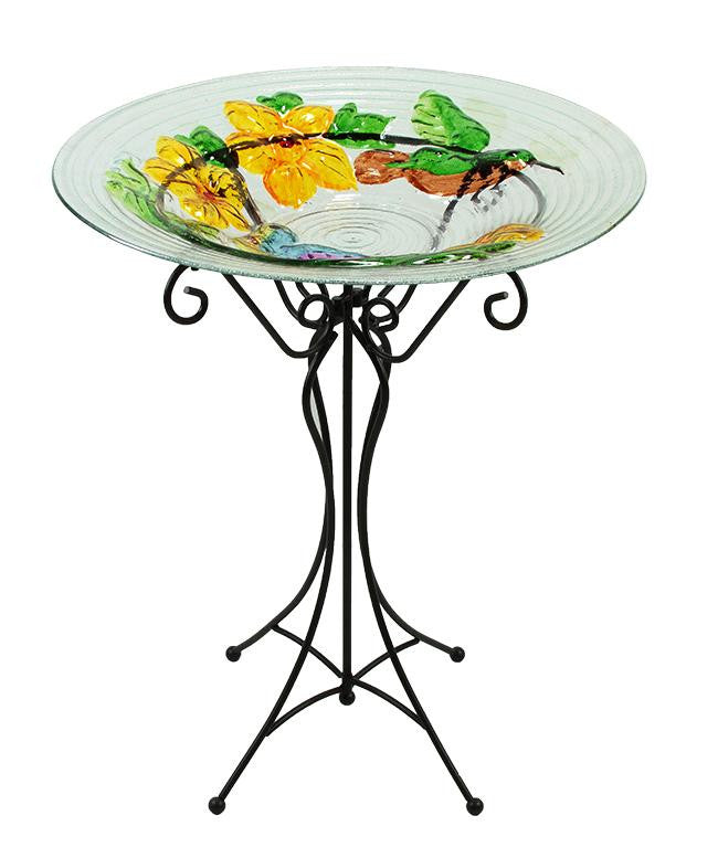 22.5" Hand Painted Glass Vibrant Hummingbird & Flowers Outdoor Garden Bird Bath