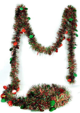 12' Red and Green Christmas Tinsel Garland with Holographic Polka Dots - Unlit