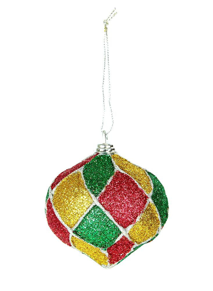 Set of 2 Red Green Silver & Gold Glitter Mardi Gras Onion Christmas Ornaments 3"