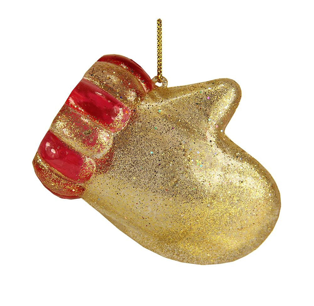 Set of 2 Gold and Red Glitter Mitten Christmas Ornaments 3.25"