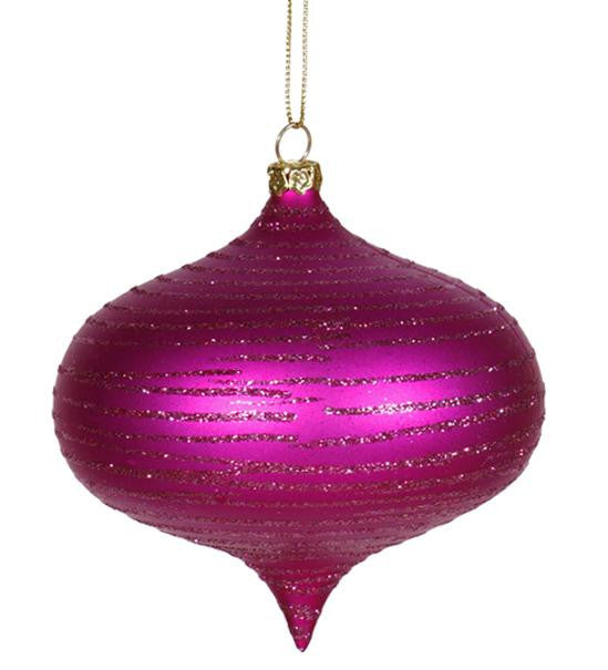 Cerise Pink Glitter Striped Shatterproof Christmas Onion Ornament 4" (100mm)