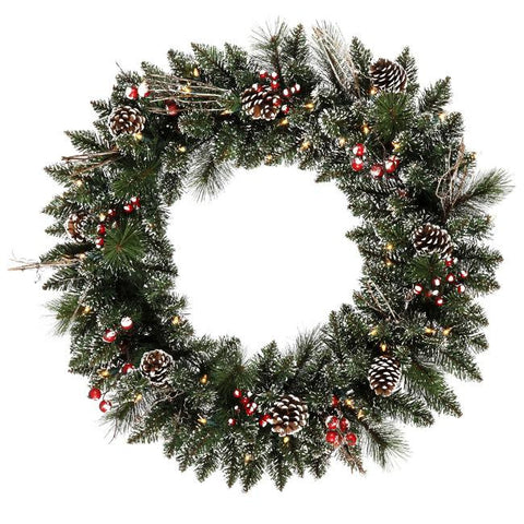 30" Pre-Lit Snow Tipped Pine w- Berries & Pine Cones Christmas Wreath - Clear