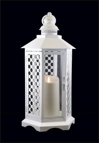 19" White Floral Lattice Lantern with Luminara Flameless LED Lighted Candle