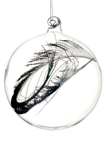 3.25" Regal Peacock Clear Glass Christmas Ball Ornament with Faux Feather