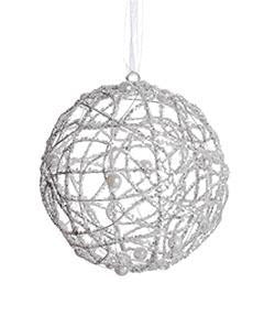 4" White Glittered Cut-Out Christmas Ball Ornament with Faux Pearl Accents