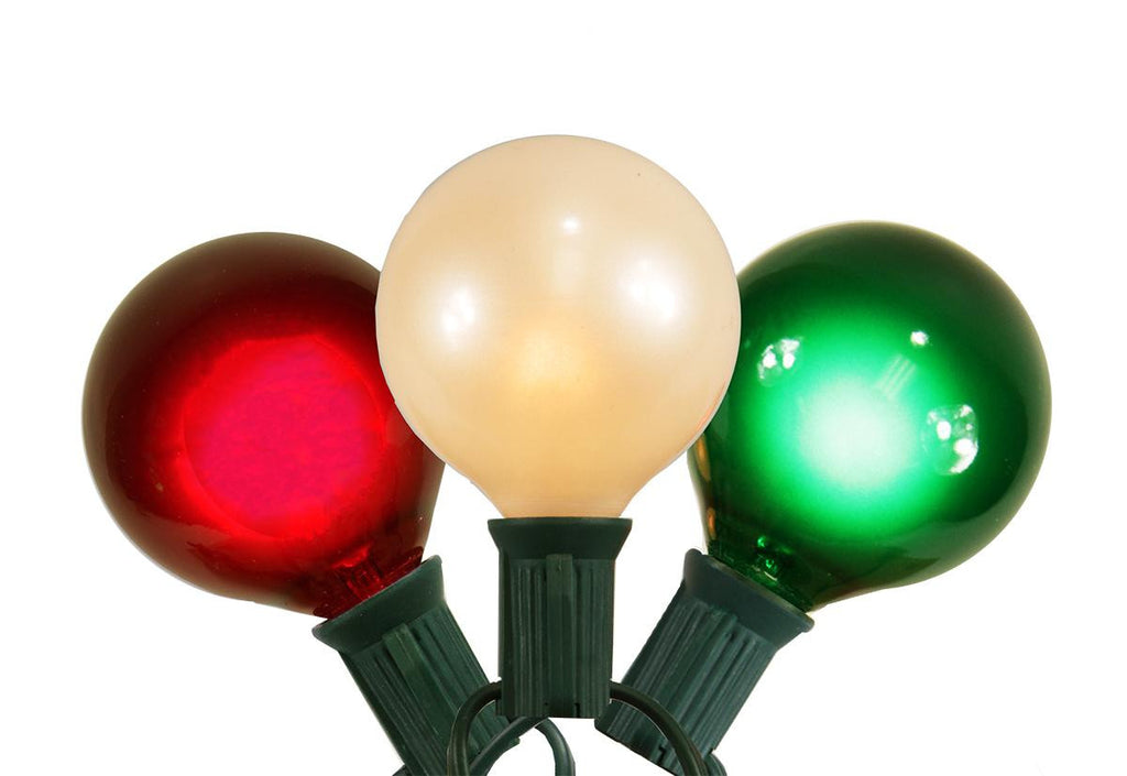 Set of 15 Red, White and Green Satin G50 Globe Christmas Lights - Green Wire