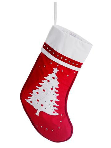 22" Red & White Embroidered Christmas Tree Stocking with Rhinestones