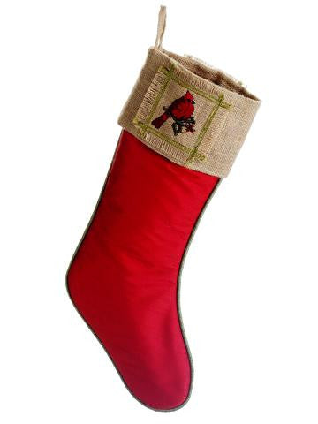 19" Red Cardinal & Holly Leaf Country Burlap Christmas Stocking