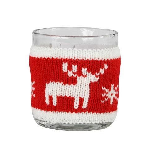 3.25" Red and White Knitted Reindeer Design Votive Christmas Candle Holder