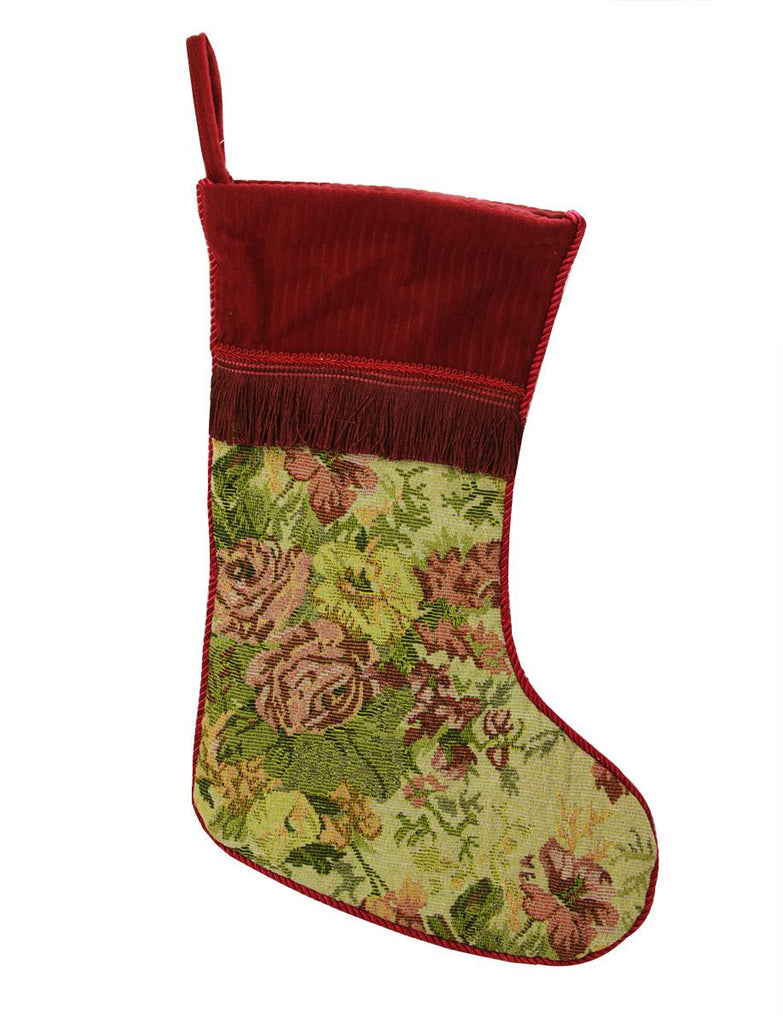 15" Victorian Floral Rose and Red Fringe Christmas Stocking