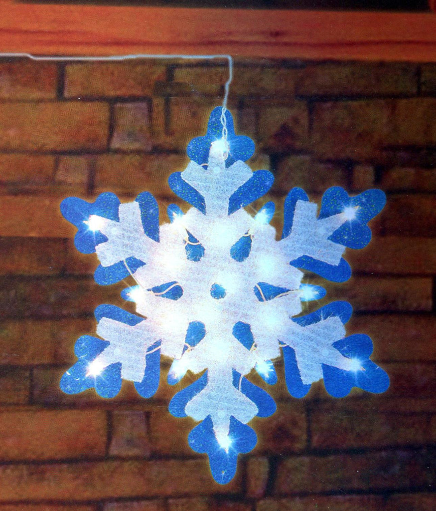 21" Lighted Blue & White Tinsel Snowflake Christmas Window Silhouette Decoration