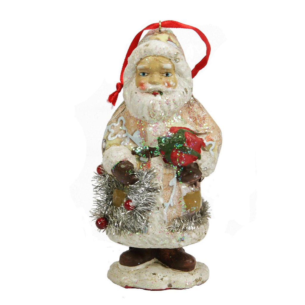 5" Ceramic Glitter Santa with Gifts and Wreath Christmas Ornament