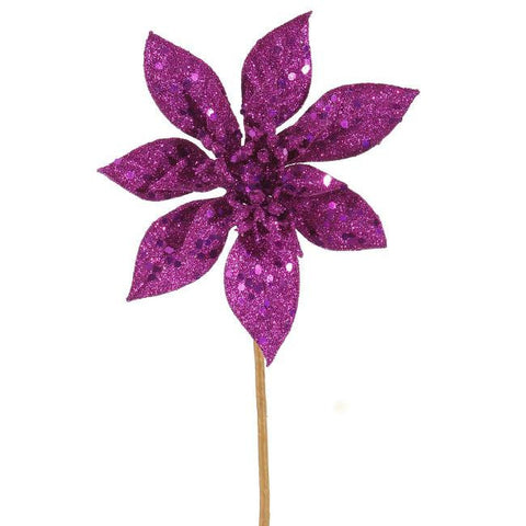 11" Fuchsia Pink Glitter Poinsettia Flower Artificial Christmas Spray Pick