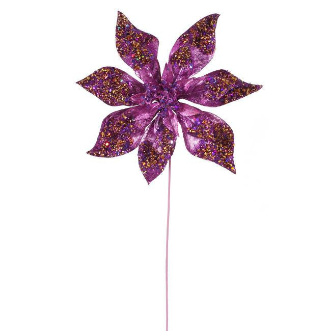 24" Fuschia Pink Glitter Beaded Poinsettia Flower Artificial Christmas Spray Pick