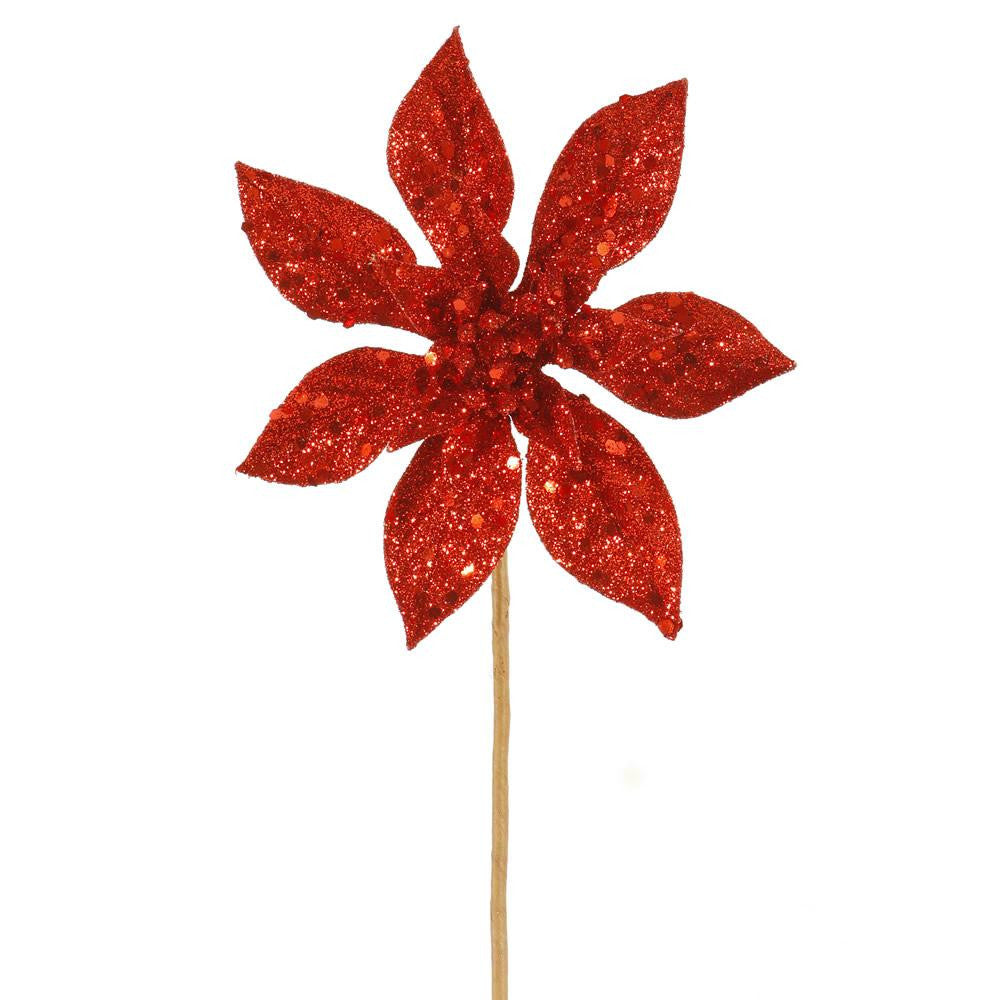 11" Crimson Red Glitter Poinsettia Flower Artificial Christmas Spray Pick