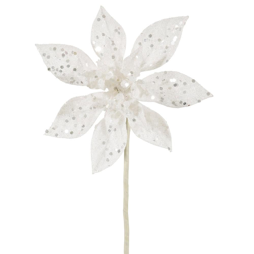 11" White Glitter Poinsettia Flower Artificial Christmas Spray Pick