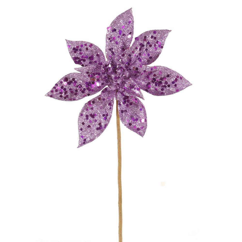 11" Lavender Purple Glitter Poinsettia Flower Artificial Christmas Spray Pick