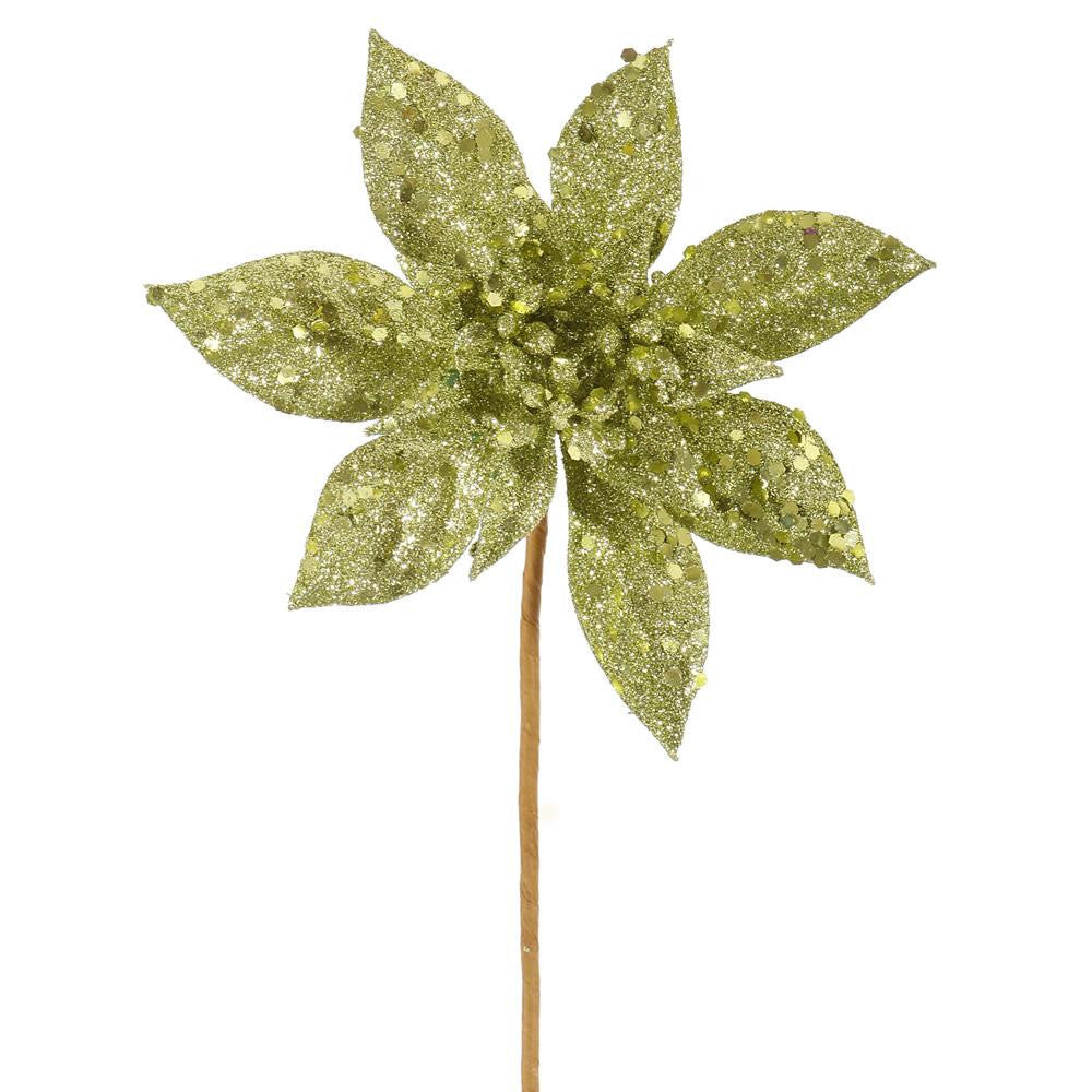 11" Lime Green Glitter Poinsettia Flower Artificial Christmas Spray Pick