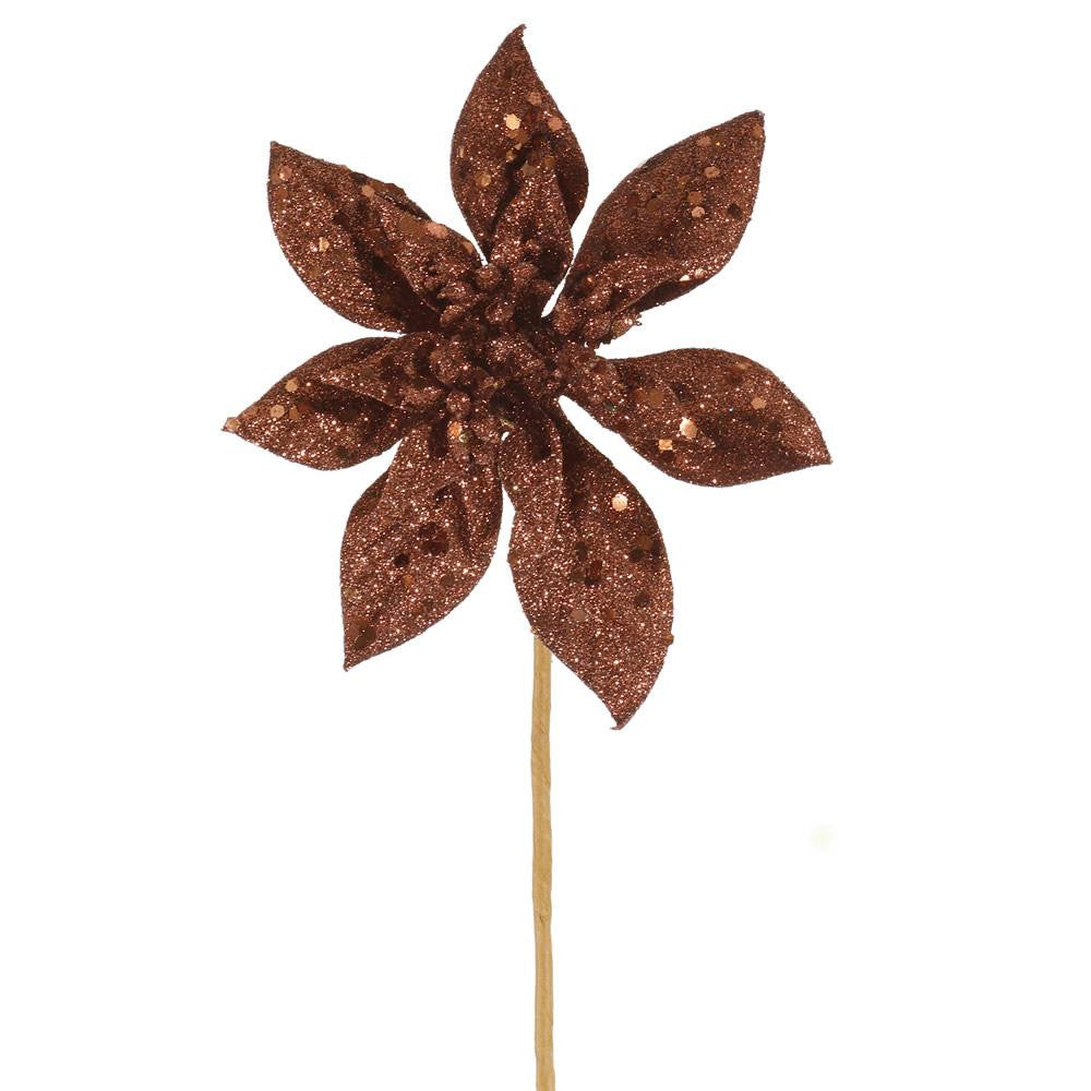 11" Chocolate Brown Glitter Poinsettia Flower Artificial Christmas Spray Pick