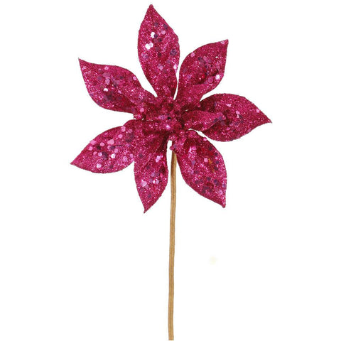 11" Pink Glitter Poinsettia Flower Artificial Christmas Spray Pick